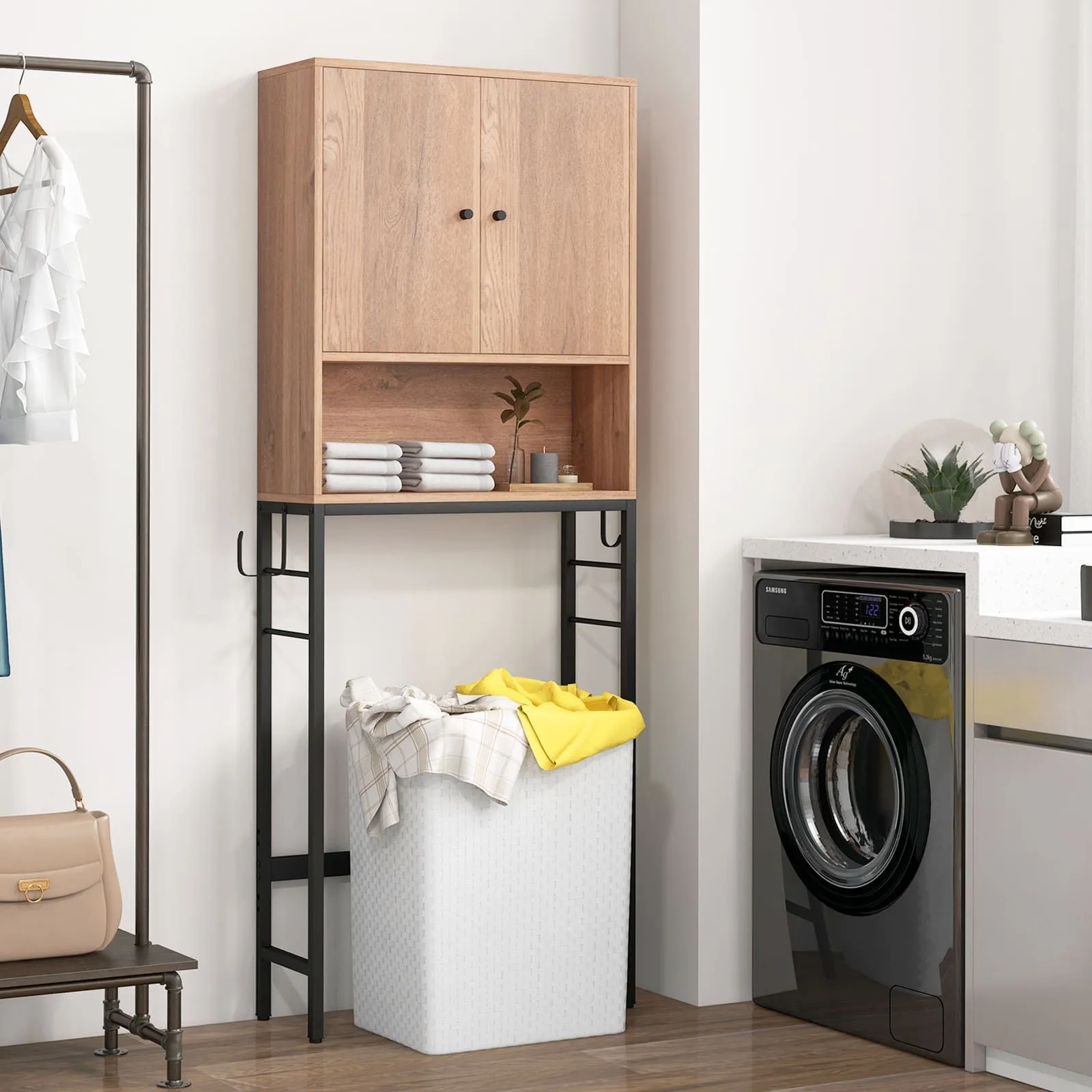 Costway Over The Toilet Storage Cabinet Free Standing Toilet Rack-Natural in Natural 3