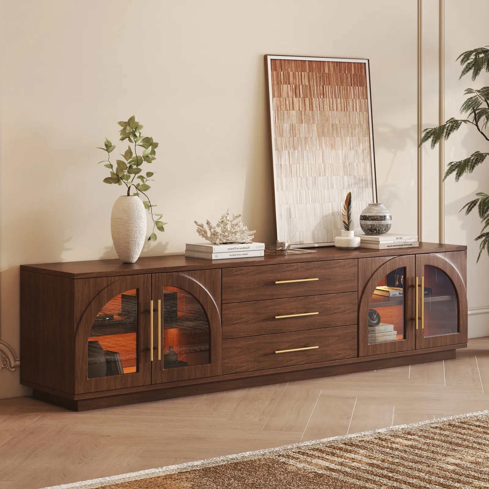 Arune 203 cm Mid Century Modern Walnut TV Stand with LED Lights and Arched Glass Cabinet Doors