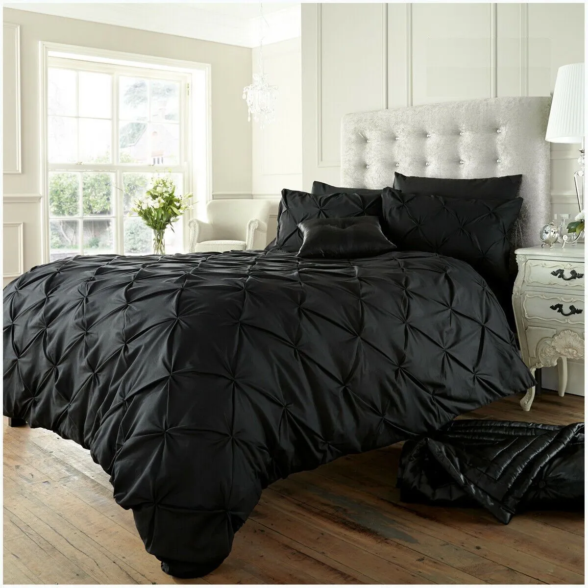 Smart Living Polycotton Pintuck Duvet Cover With Pillowcases in Black