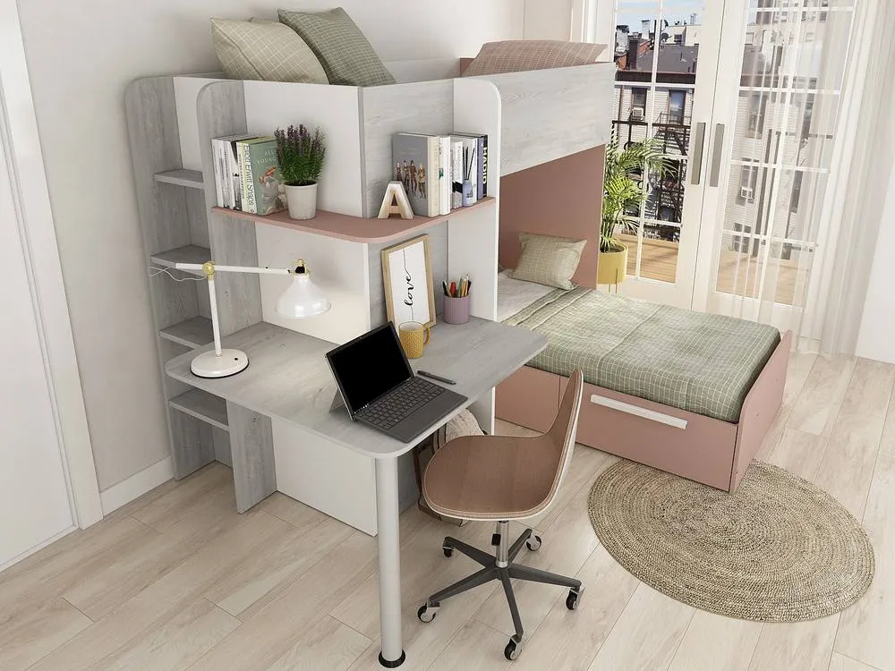 Vente-unique Corner Bunk Beds 2 X 90 X 190 Cm - With Desk - Grey, White & Pink in Light Grey 5