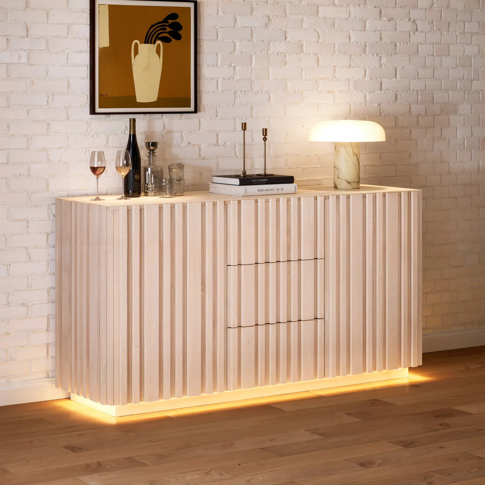 Aura 152 cm Faux Travertine Top Buffet Sideboard with Ash Wood Slatted Panels & Light