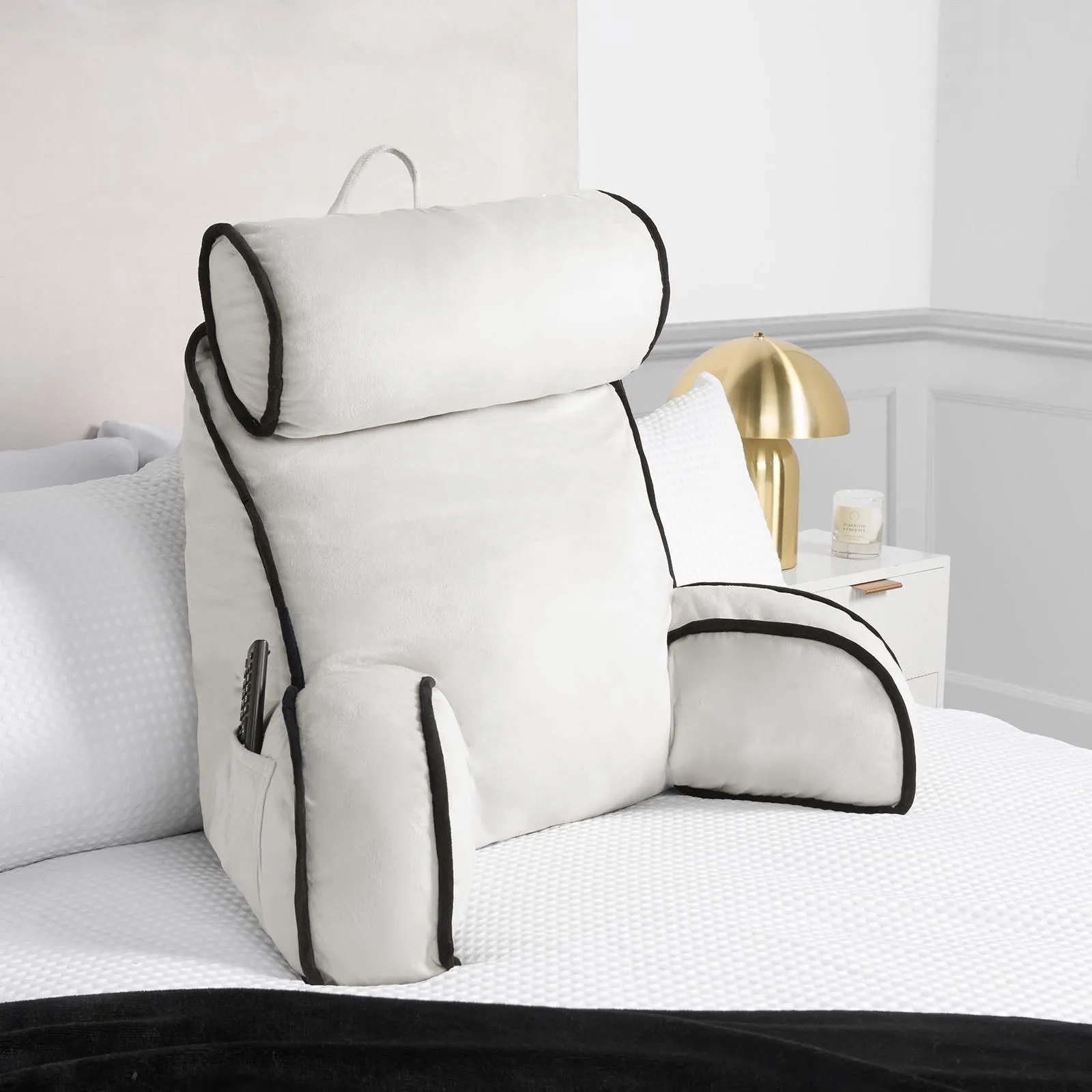 OHS Piped Edge Reading Pillow with Head Rest Back Support Bed Sofa in Cream