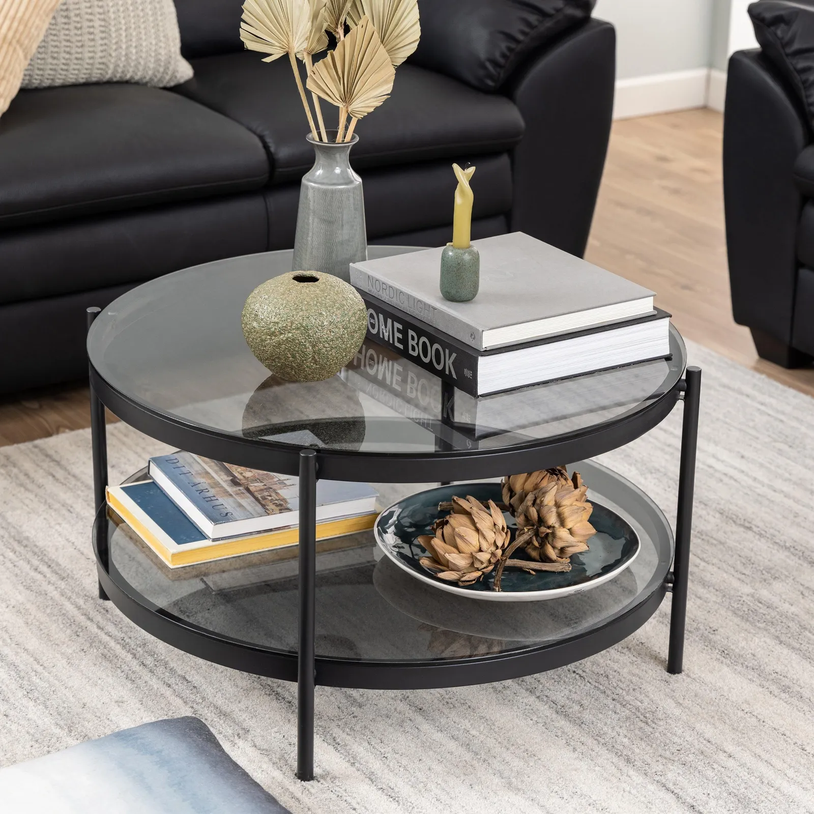 Furniture To Go Bayonne Round Coffee Table in Black with Smoked Glass Top 4