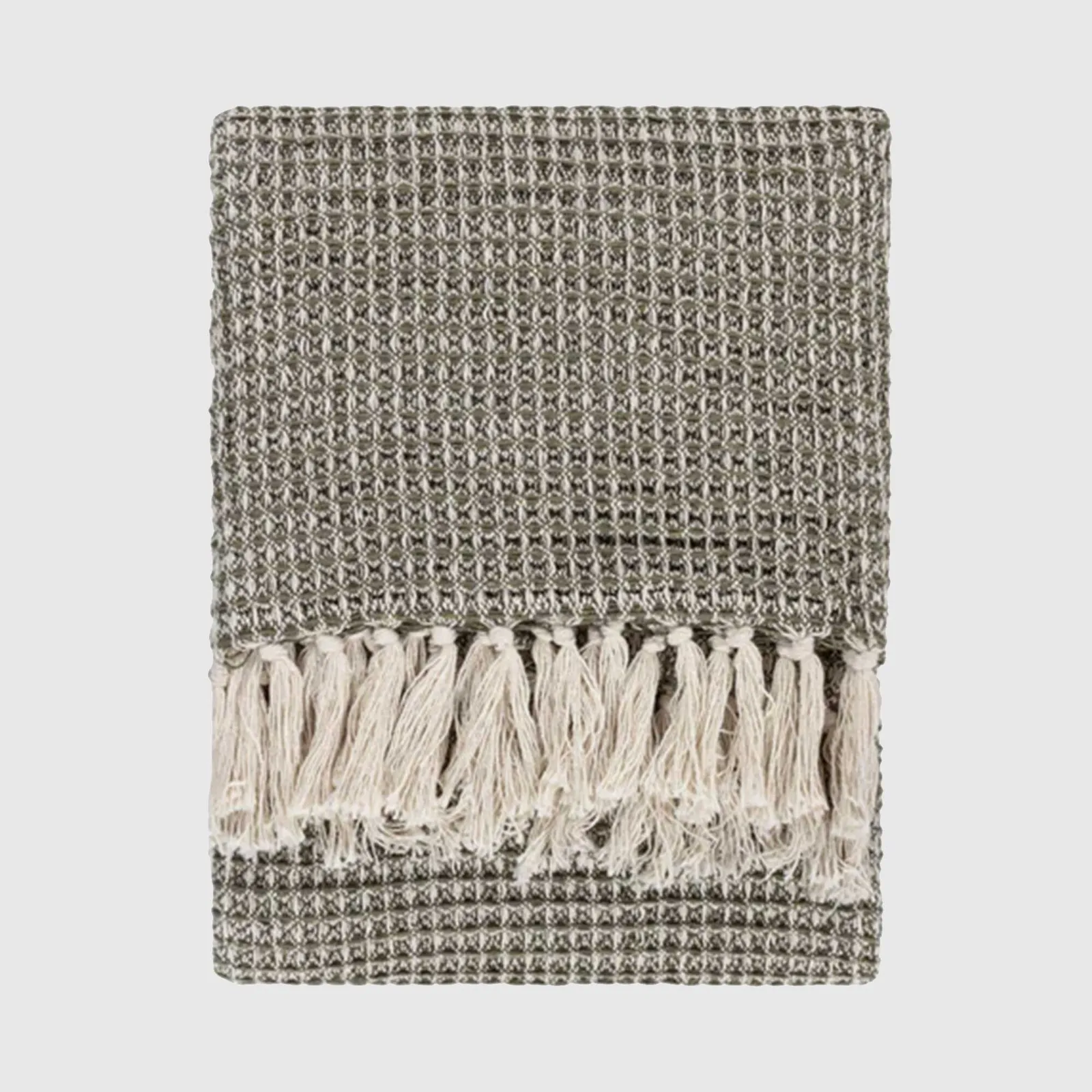 Moss Waffle Fringed Throw Blanket, Green Cotton | Barker & Stonehouse