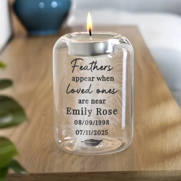 Personalised Loved Ones Feather Memorial Tealight Holder 2