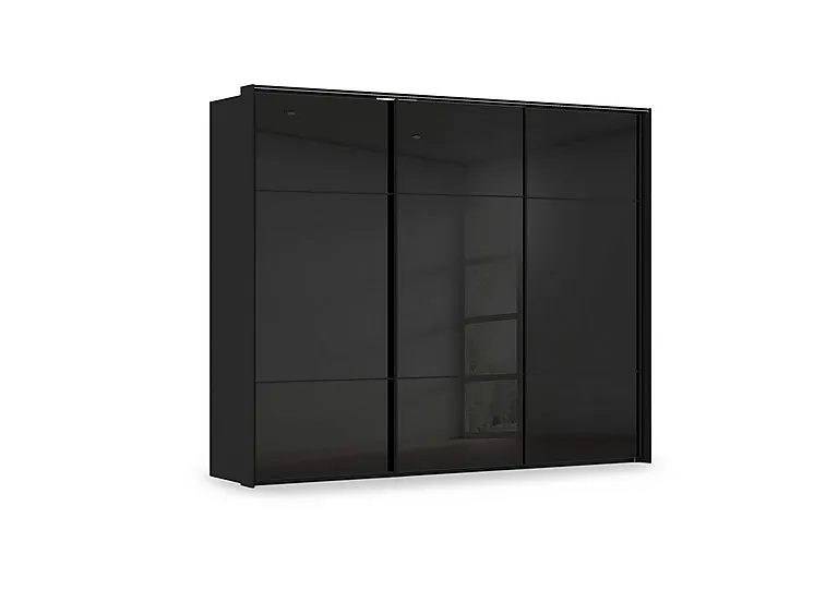Haven 280cm 3 Door Slider Wardrobe with Glass Doors and Lights - Black Glass