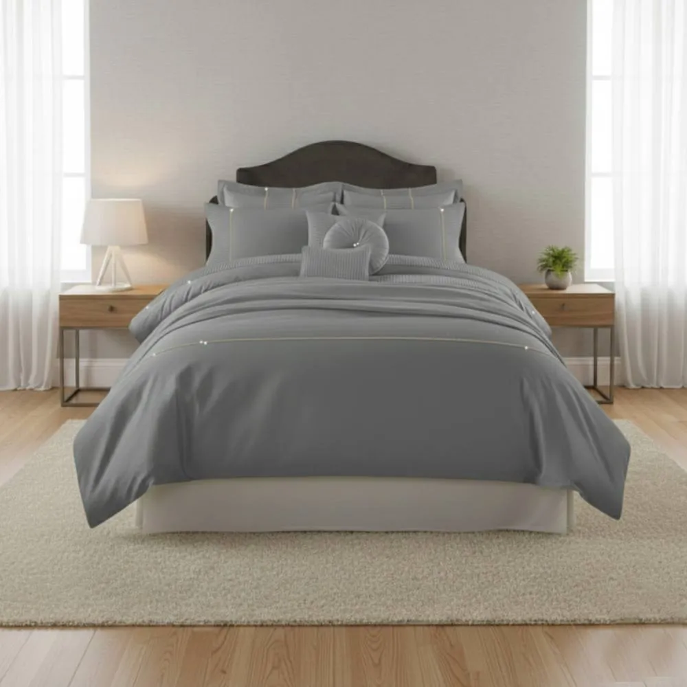 Snug City Luxury Embroidered Duvet Cover Set Bedding with Matching Accessories in Silver