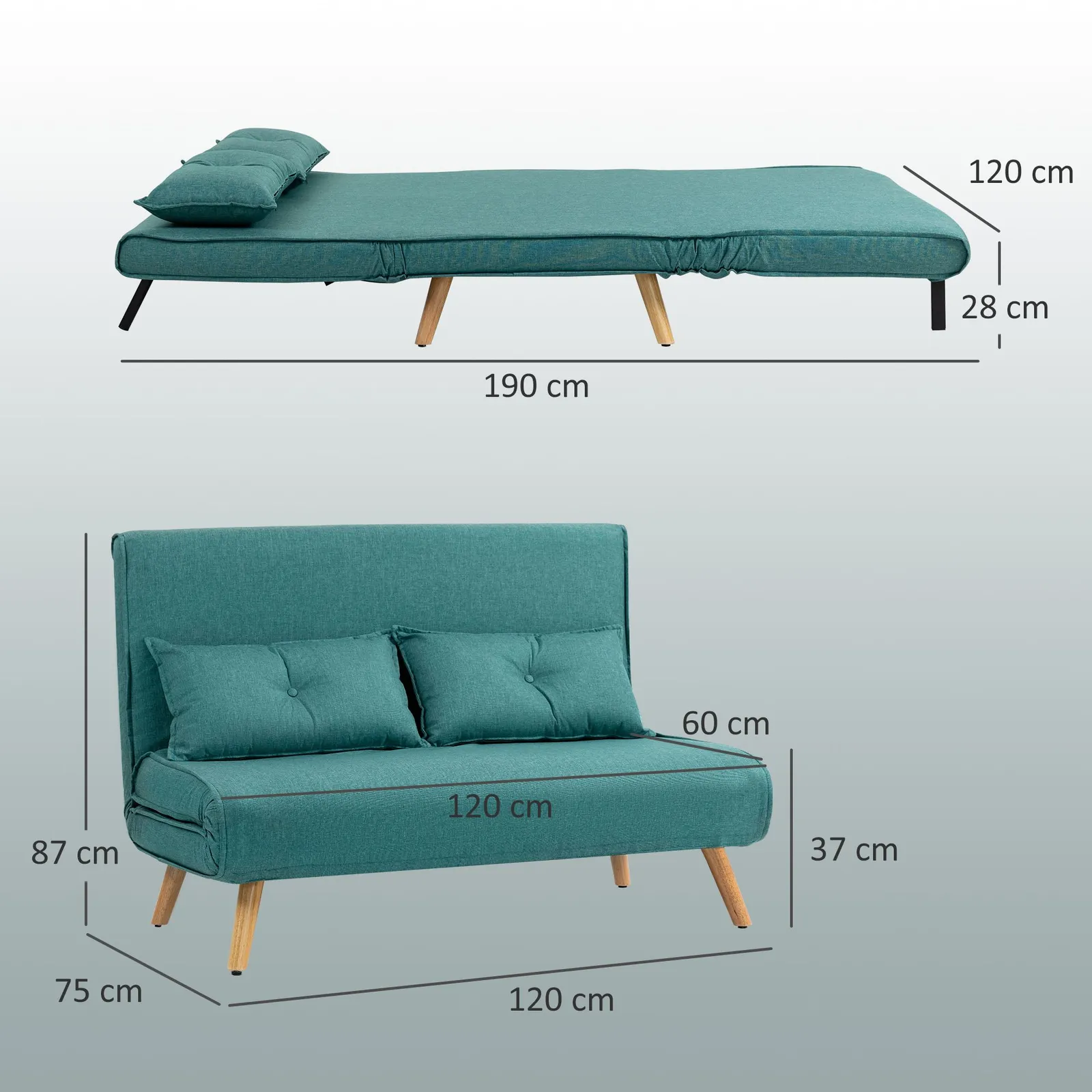 HOMCOM Click Clack Sofa Bed, 2 Seater Bed Settee for Living Room in Green 3