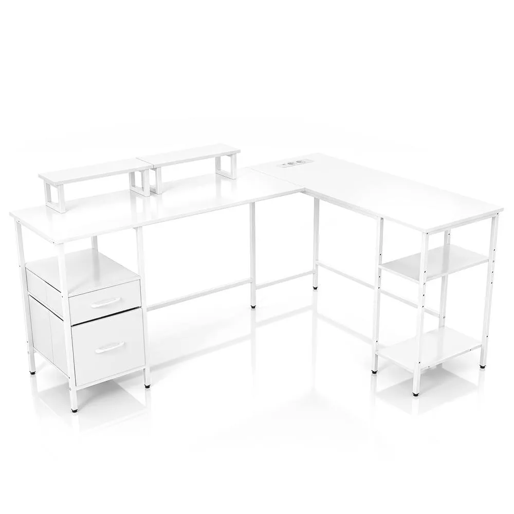 Costway L-shaped Desk with Power Outlets Reversible Corner Desk in White