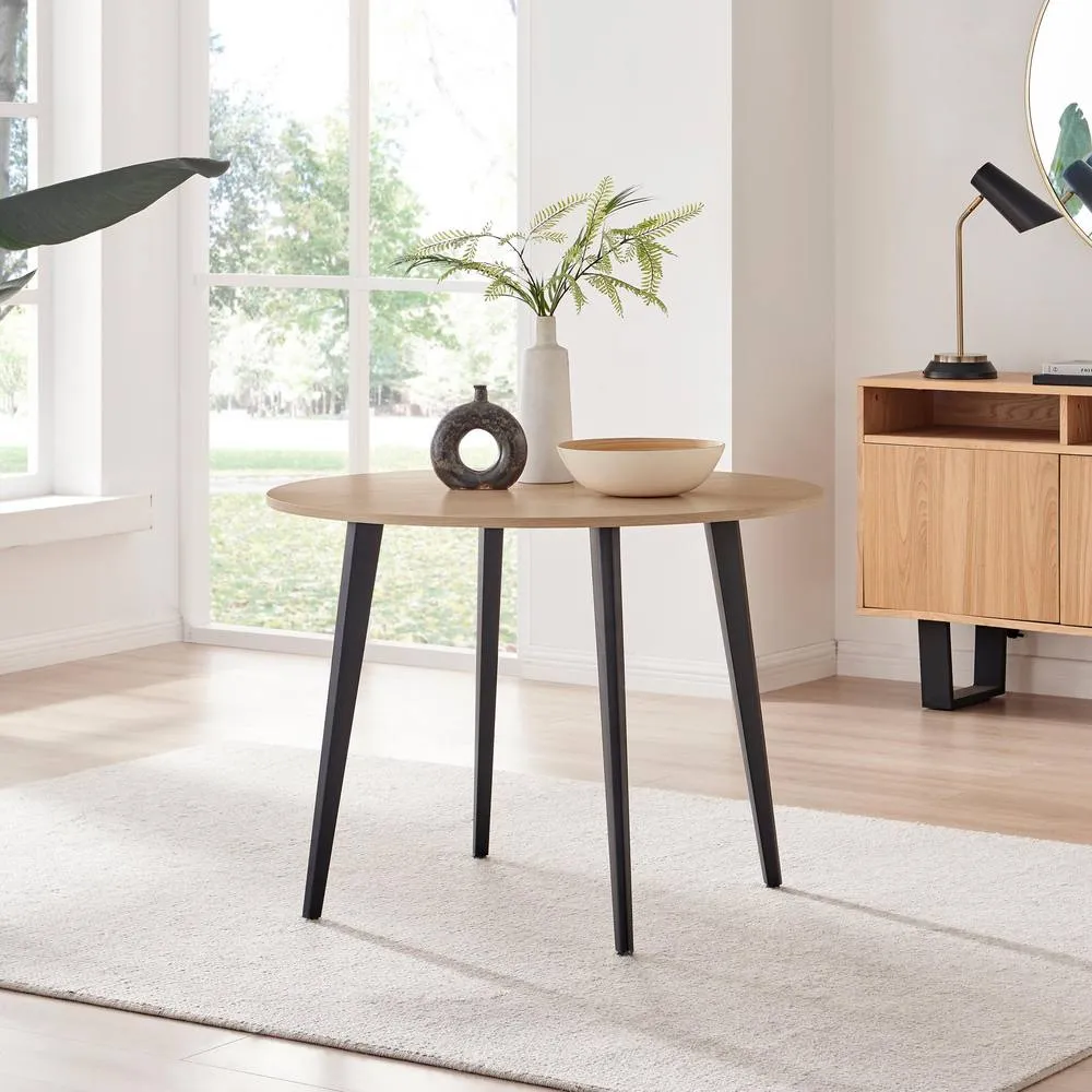 FurnitureboxUK Koko Oak Effect Round Table & 4 Cappuccino Milan Black Leg Chairs in Beige 2