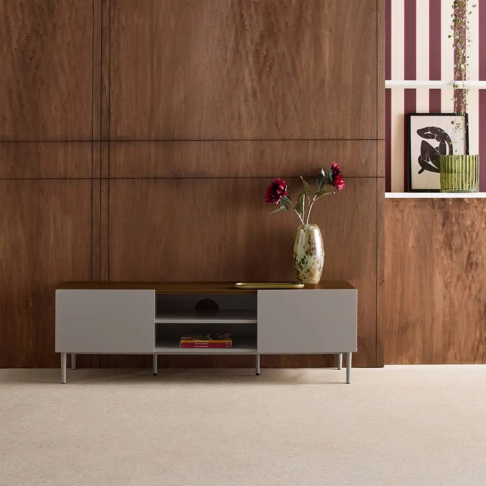 sweeek TV stand metal with wood decor 2 doors 140 cm in Grey