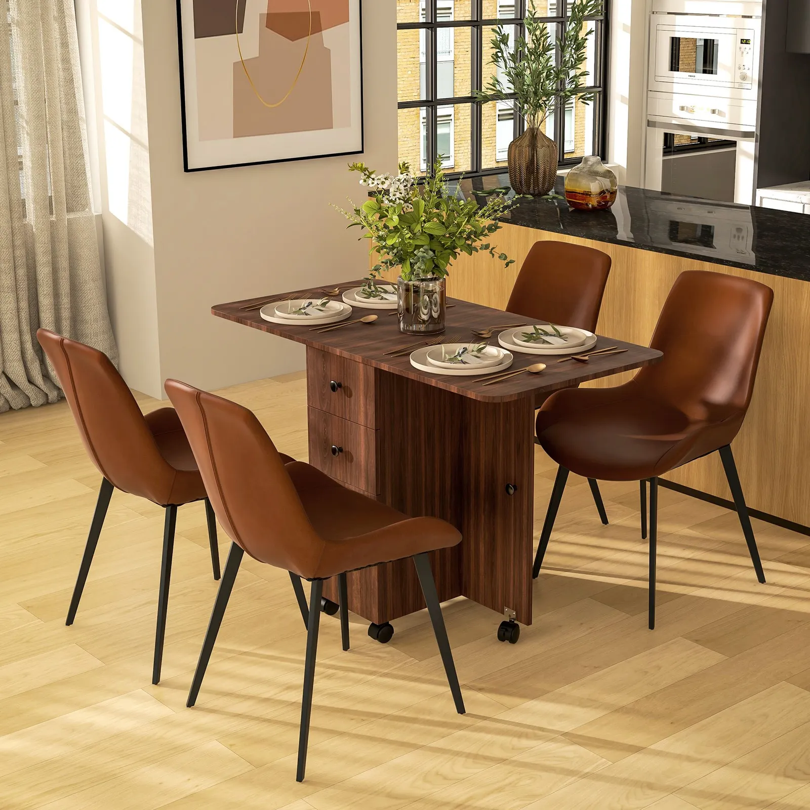 HOMCOM Folding Dining Table for 4-6 Drop Leaf Table on Wheels Brown