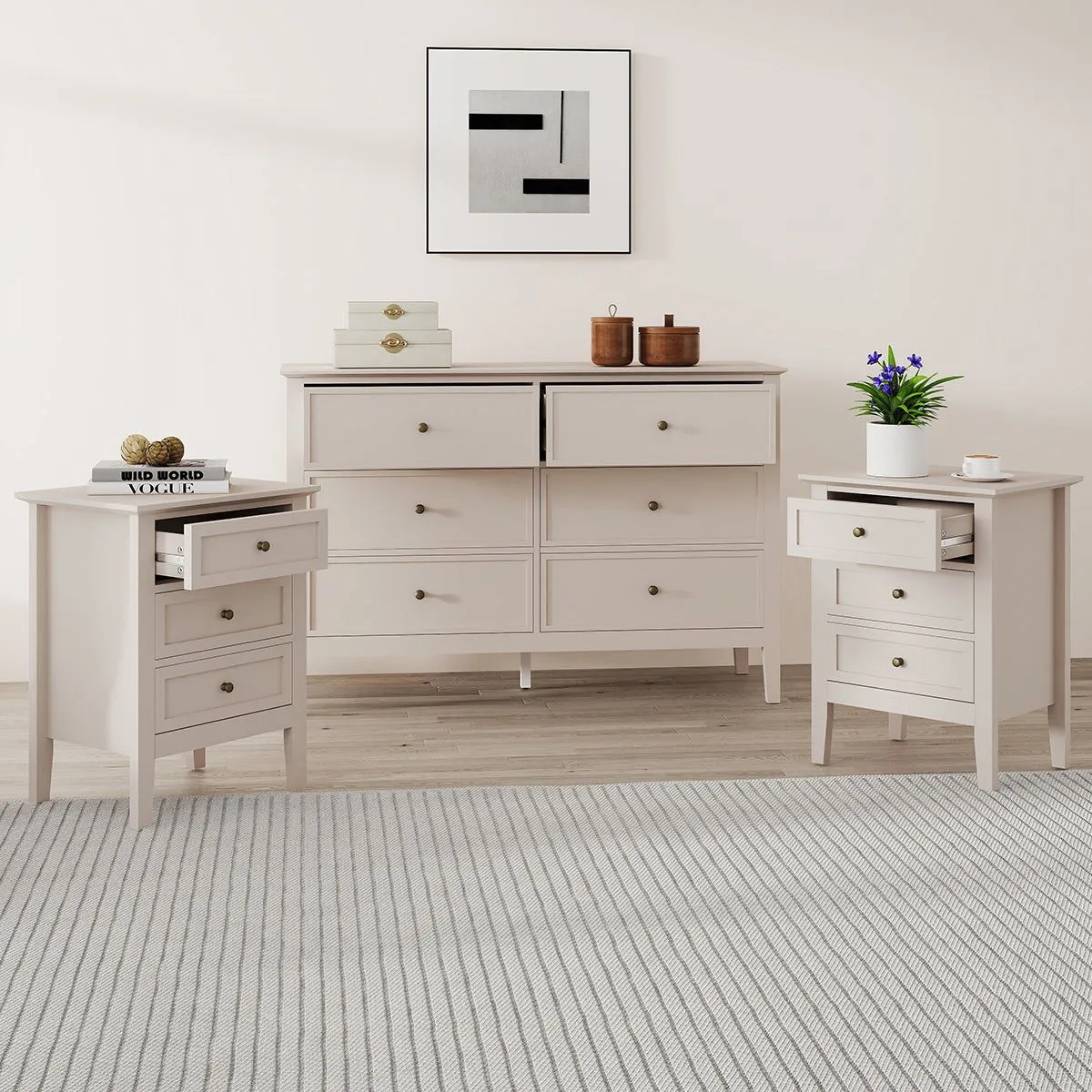 Melody Maison Large 6 Drawer Chest Of Drawers & Pair Of 3 Drawer Bedside Tables - Rowley Taupe Grey Range in Light Blue 2