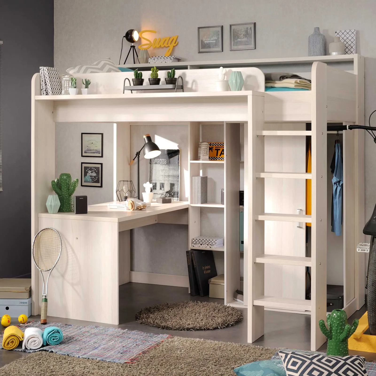 Marley Childrens Highsleeper with Wardrobe, Desk and Bookcase