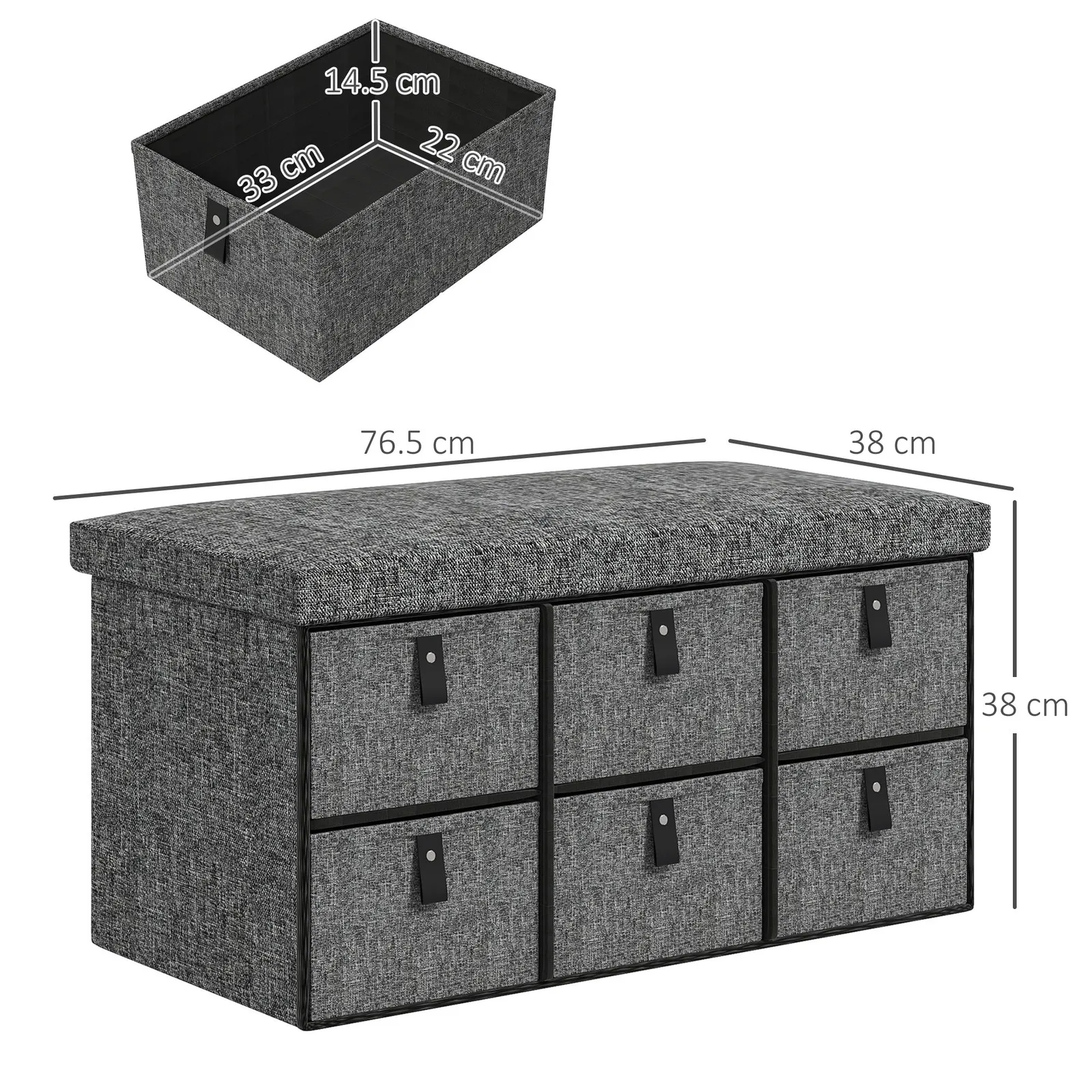HOMCOM Shoe Bench with Cushioned Seat, 6 Fabric Drawers for Entryway Hallway in Dark Grey 3