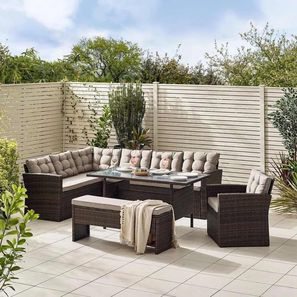 FurnitureboxUK Marbella Textured Grey Rattan Garden Dining Set Grey Cushions 9 Seat Outdoor Sofa, Glass Table Top 145x80cm in Brown 1