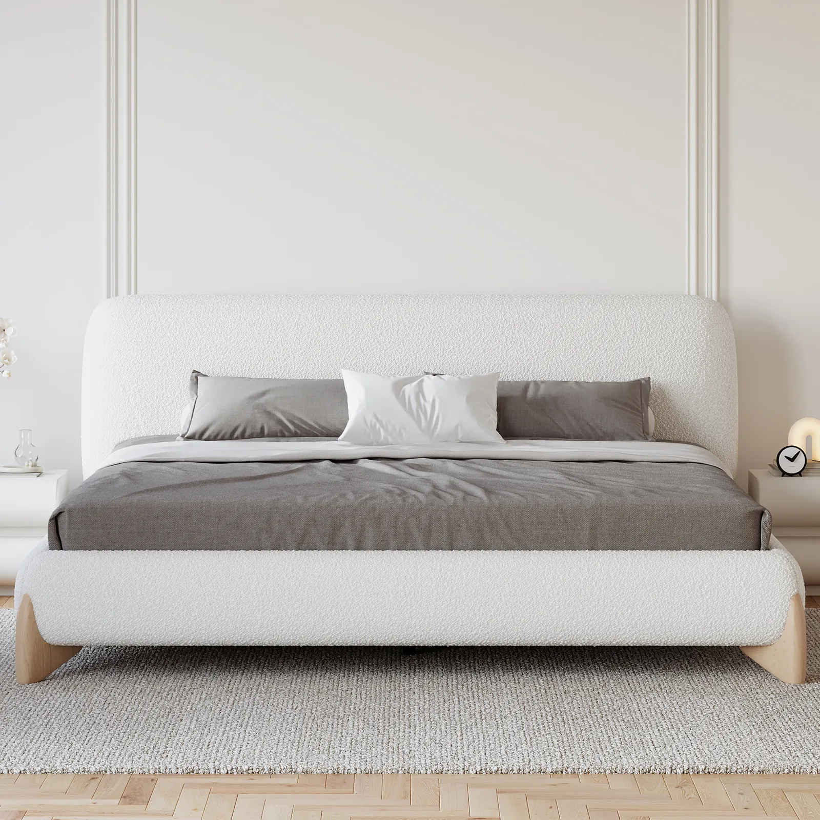 Modern White Boucle Platform Bed Queen Size Bed Frame with Upholstered Headboard with Natural Wood Legs