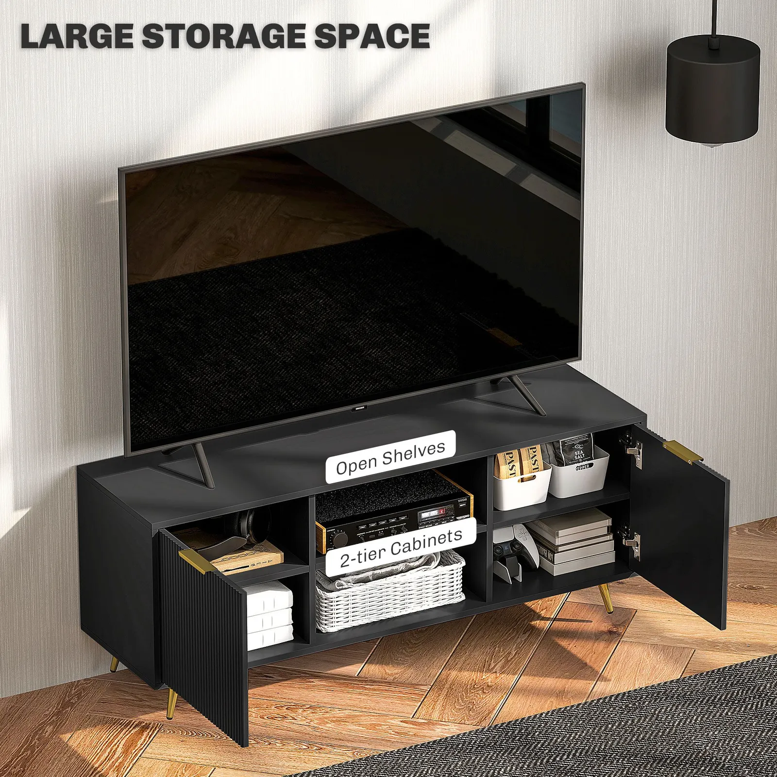 HOMCOM Modern TV Stand Cabinet with Storage for Living Room, Black 5
