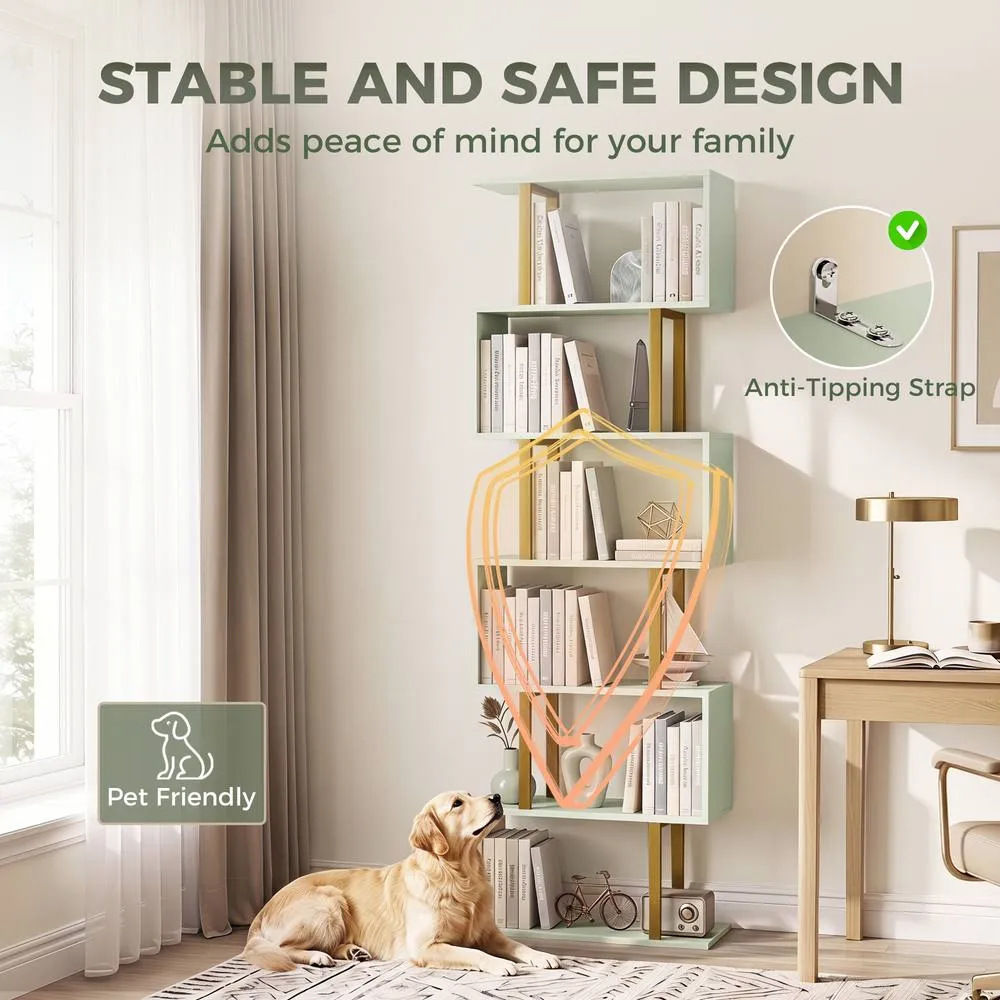 HOMCOM S-Shaped Bookshelf, 5-Tier Bookcase with Anti-Tip Strap, Light Green 6