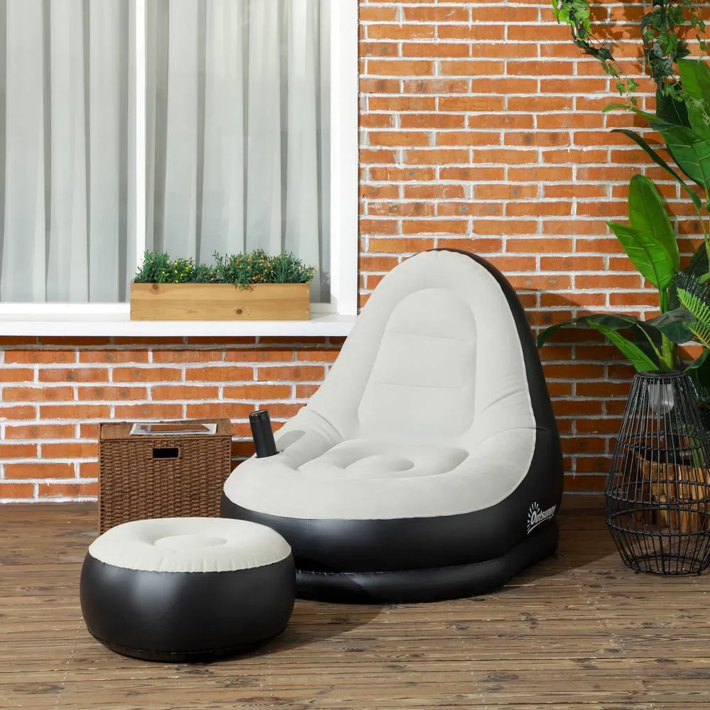 OUTSUNNY Inflatable Chair & Footstool for Gaming, Reading, Watching in Grey