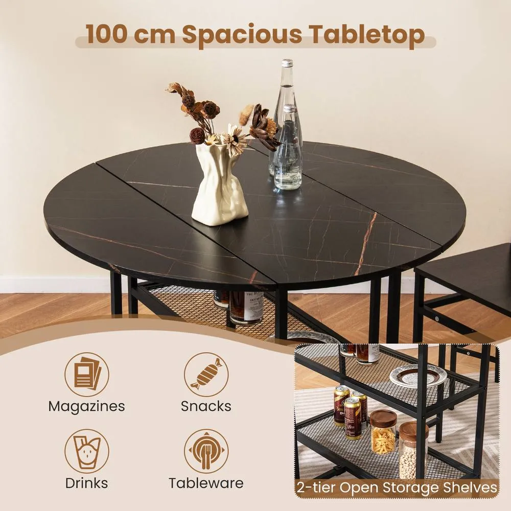 Costway 100cm Round Kitchen Table Dining Table w/Drop Leaf Tabletop-Black in Black 5