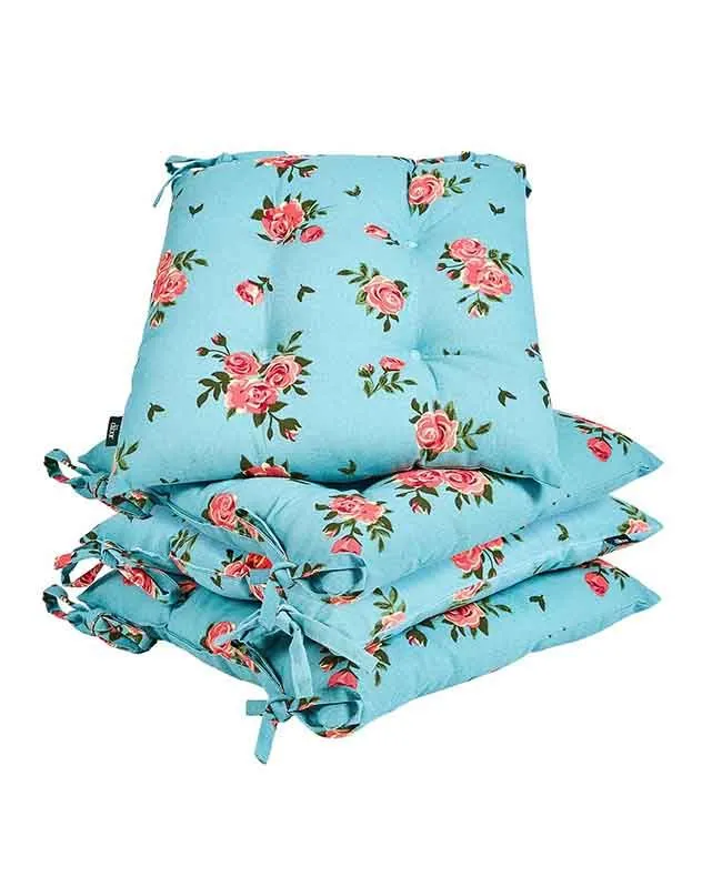 Dibor Set of 4 Floral Blue Summer Outdoor Garden Chair Seat Pad Cushions W40 x L40cm