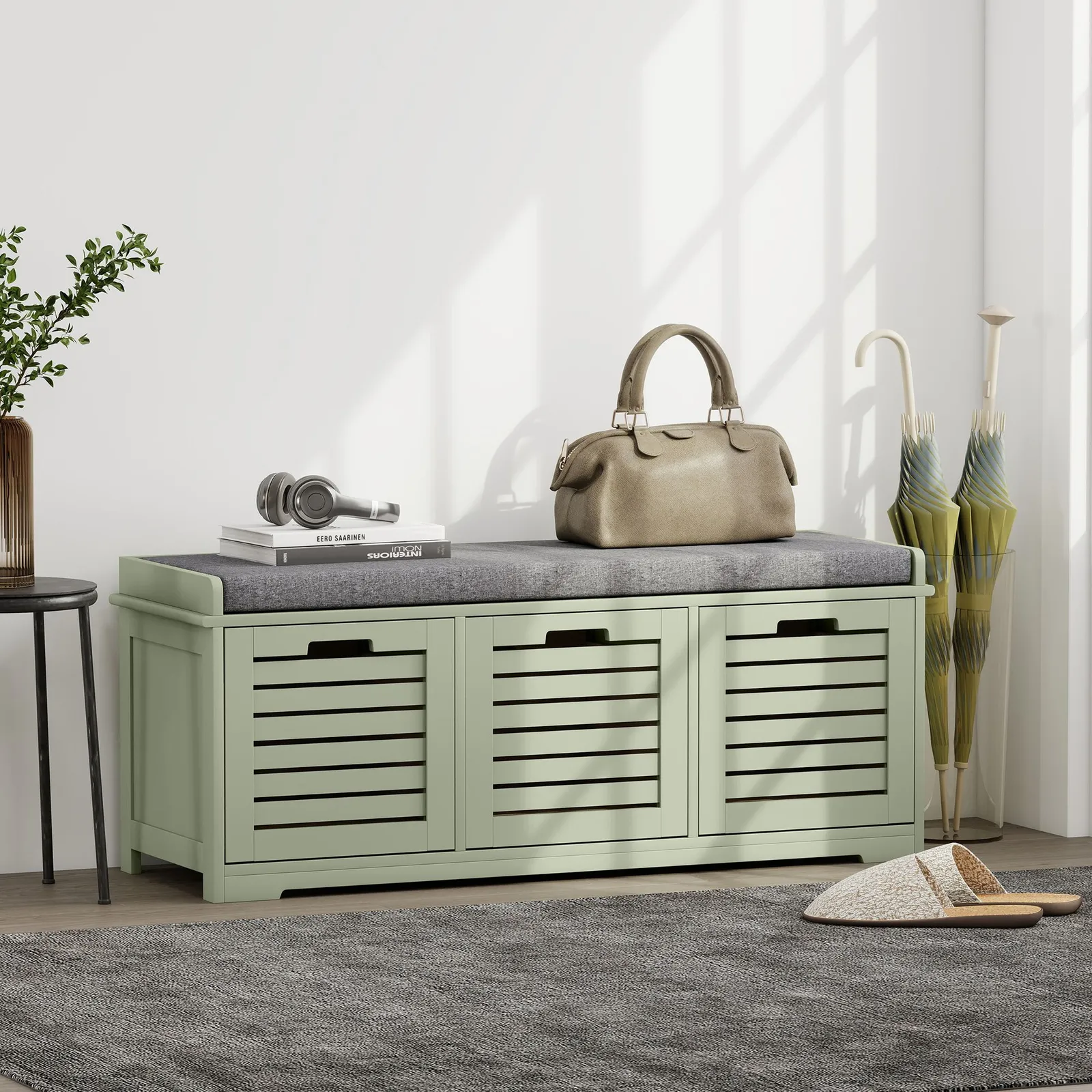 HOMCOM 3-Door Shoe Storage Bench Cushion Seat Slatted Doors in Green