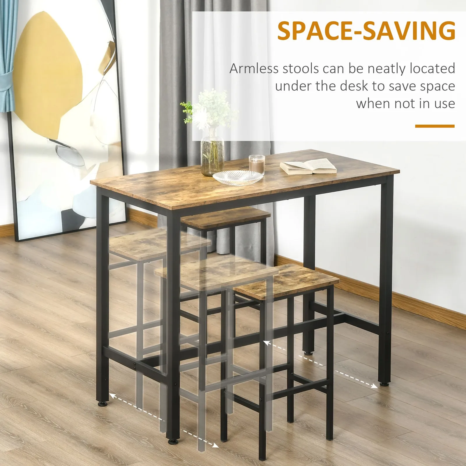 HOMCOM Industrial Bar Stools Set of 2 Counter Height Island Stools in Brown 4