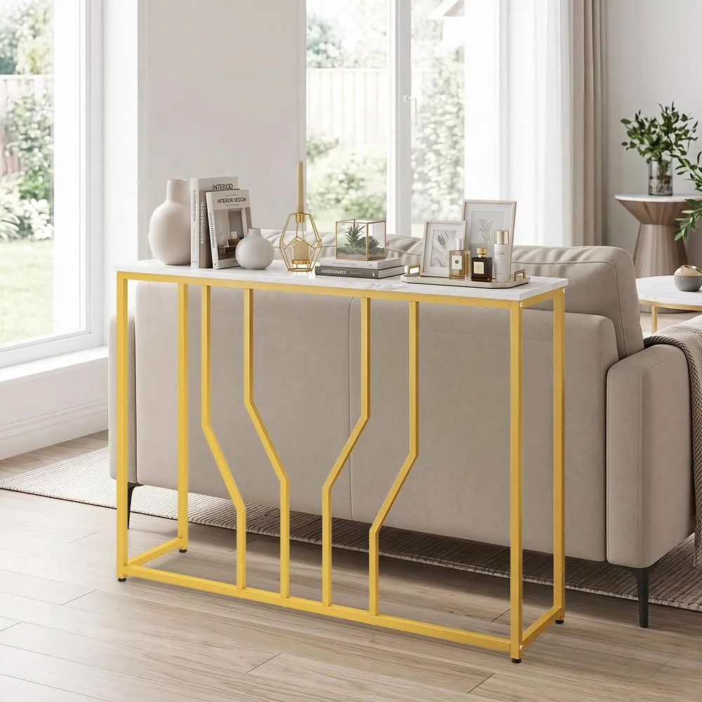 Costway Gold Console Table Modern White Faux Marble Entryway Table 4