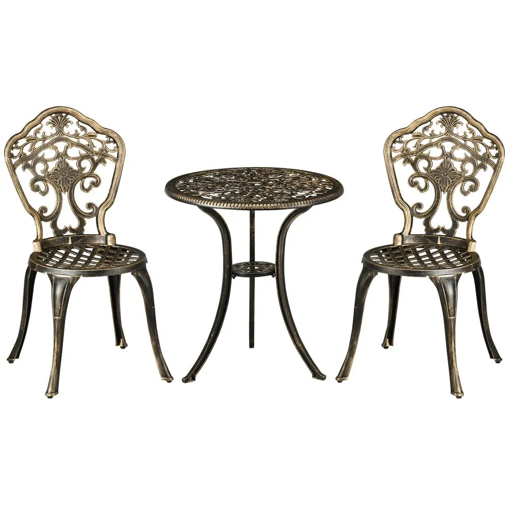 OUTSUNNY 3 PCs Cast Aluminium Bistro Set w/ Parasol Hole for Balcony, Brown in Bronze 2