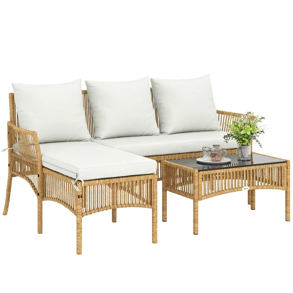 OUTSUNNY 3 Piece Rattan Garden Furniture Set with Cushions, Natural Wood 2