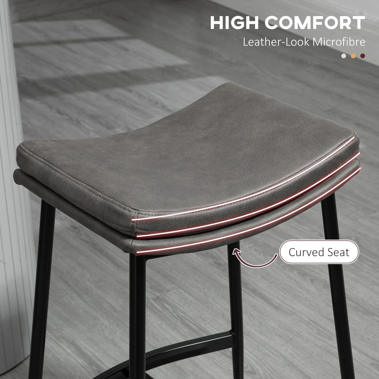 HOMCOM Breakfast Bar Stools Set of 2 Upholstered Barstools w/ Curved Seat in Grey 5