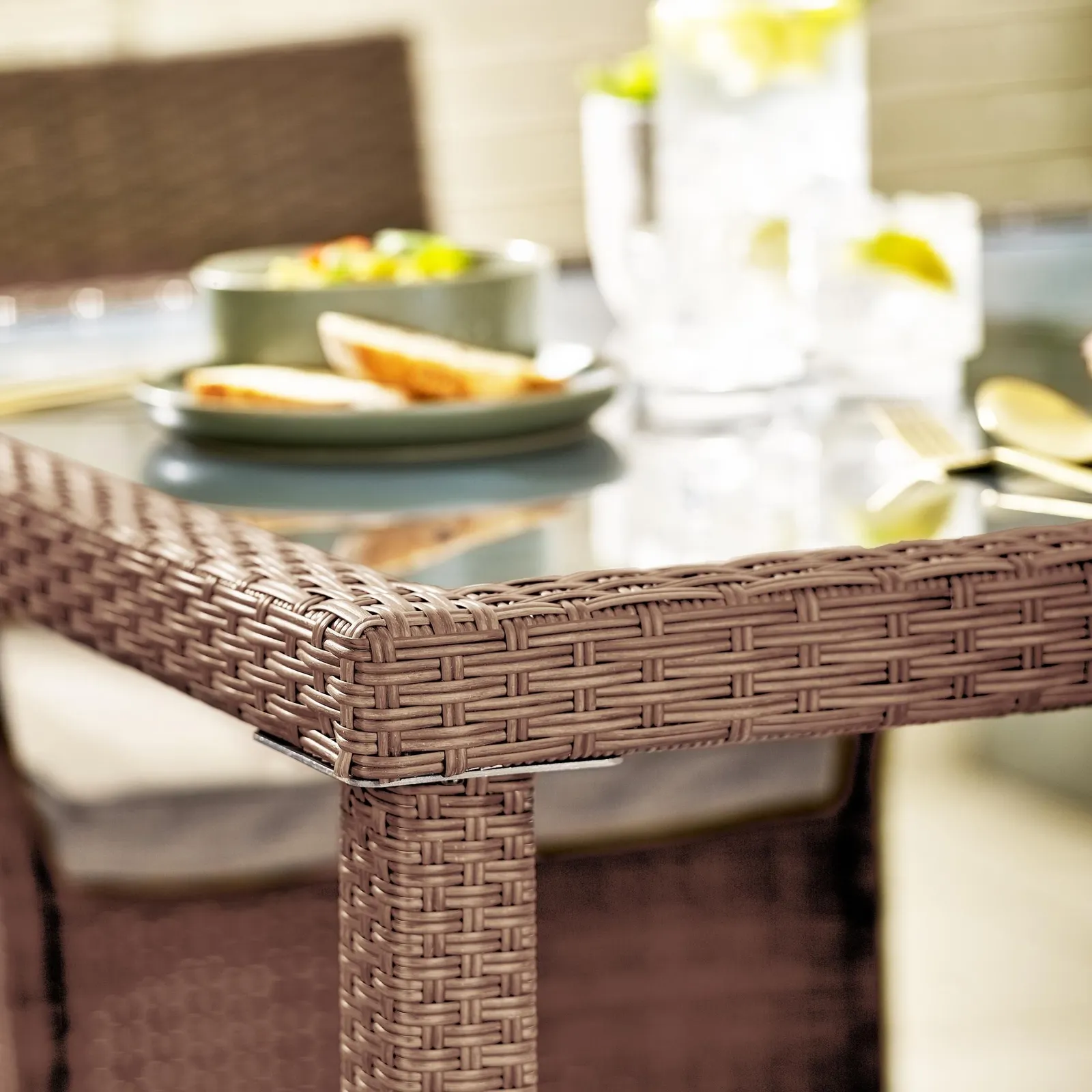 FurnitureboxUK Barbados Rattan Outdoor Garden Dining Set, PE Rattan & Cushions, 4 Chairs 1 Square Glass Top Outdoor Table in Light Brown 3