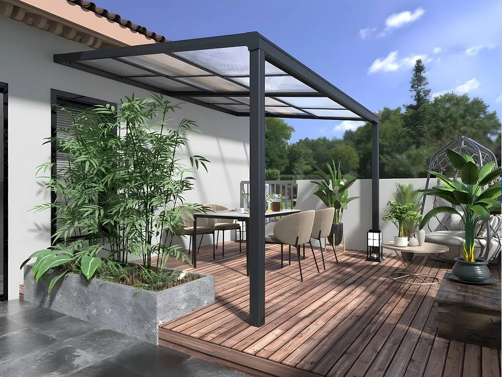 Vente-unique Wall-Mounted Aluminium Pergola With Sliding Roof - 12 M² - Anthracite in Dark Grey