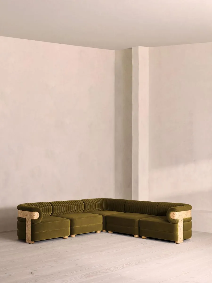 Caleb Modular Corner Sofa, Velvet, Olive, Blonde Burl
