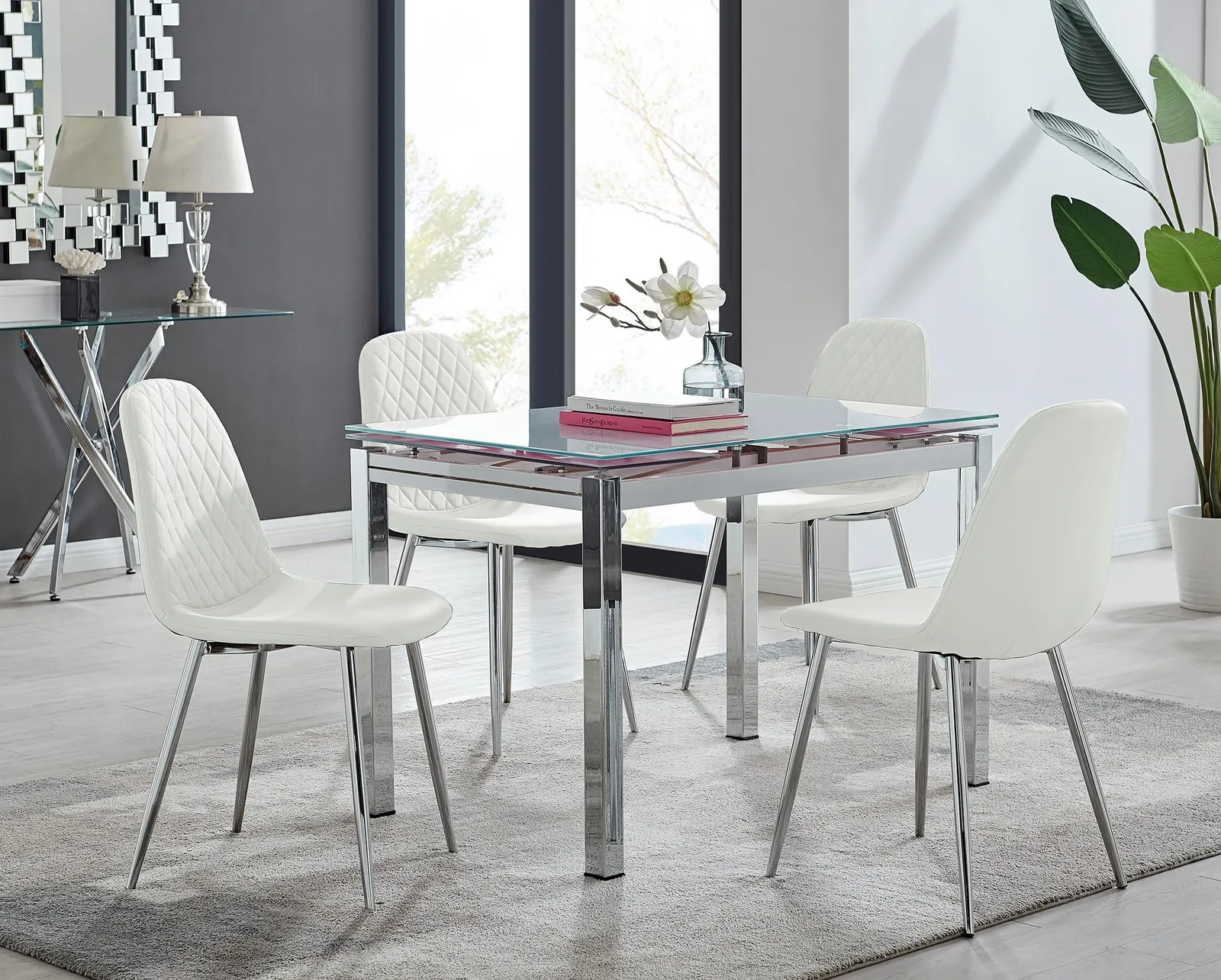 FurnitureboxUK Enna White Glass Extending 4-6 Seater Dining Table & 4 Corona Faux Leather Chairs 1