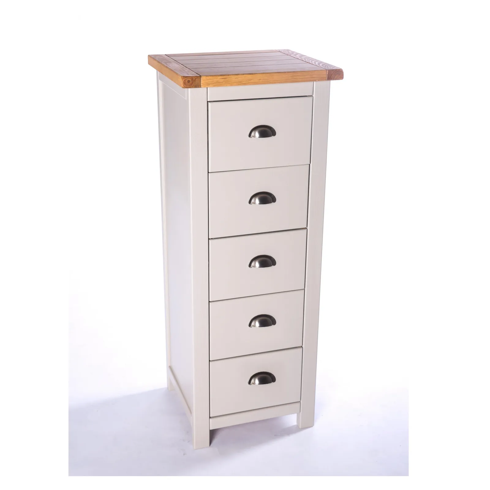 Cabinet Bits Argenta 5 Drawer Narrow Chest of Drawers Chrome Cup Handle in Light Grey 3