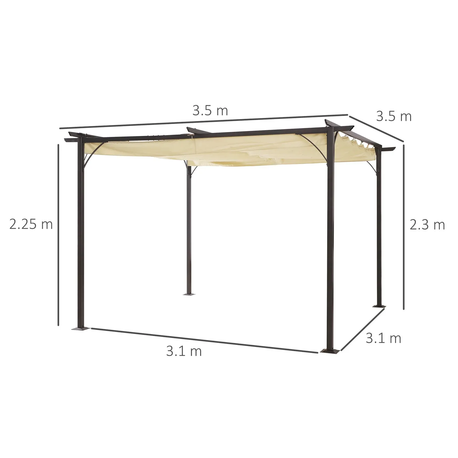OUTSUNNY 3.5 x 3.5M Steel Pergola Gazebo Backyard Porch Awning Retractable Canopy in Beige 3