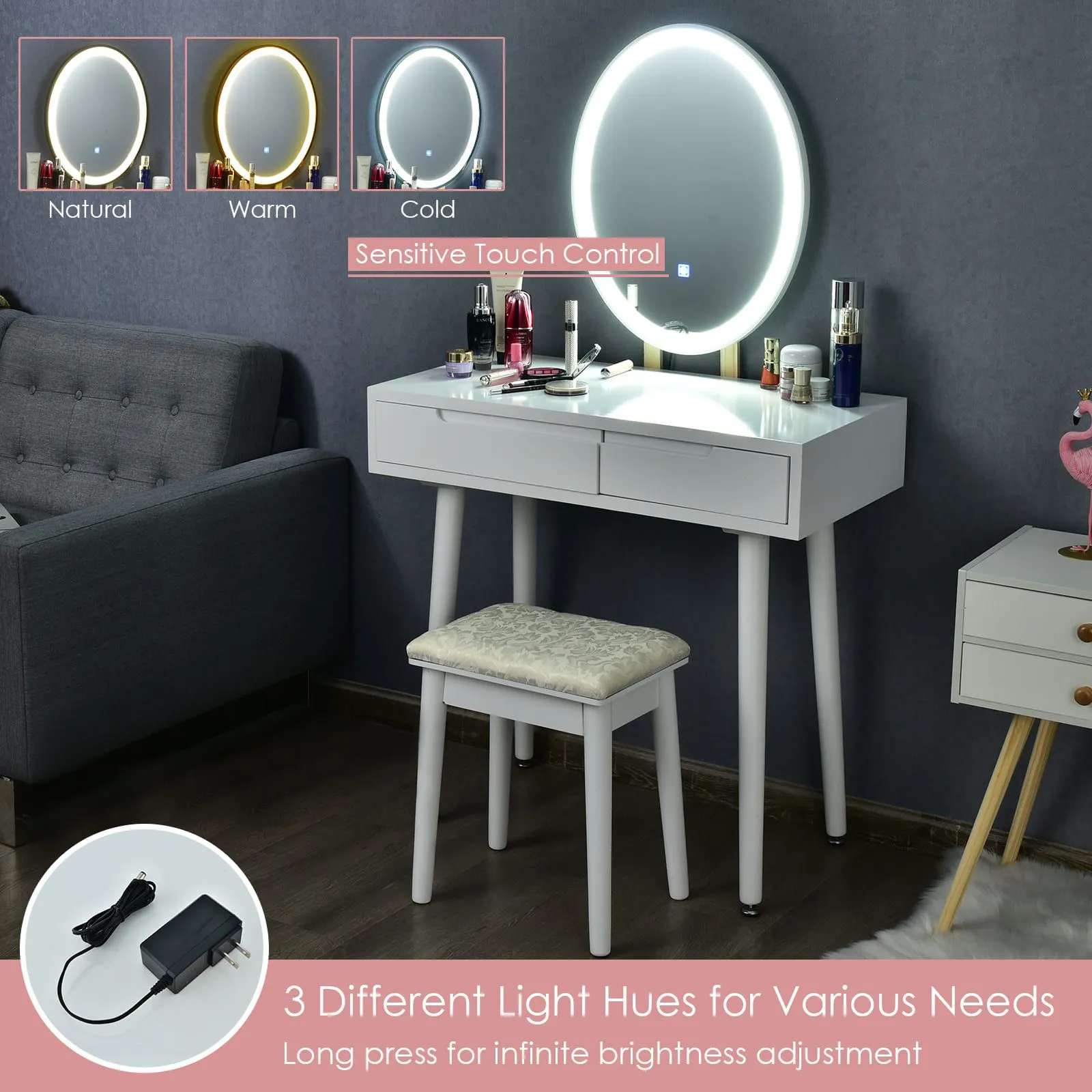 Costway Vanity Table Set with Lighted Mirror & 3 Color Lighting Modes in White 5