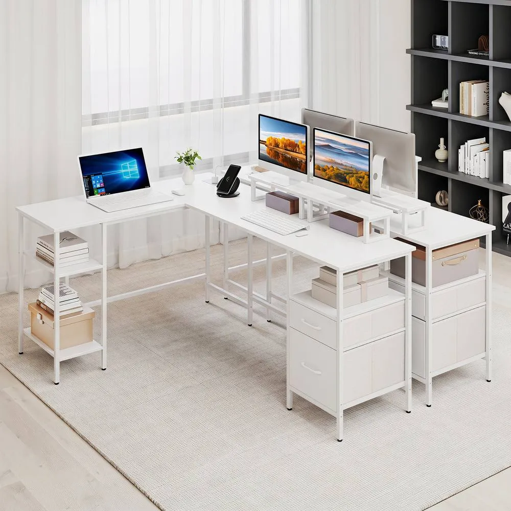 Costway L-shaped Desk with Power Outlets Reversible Corner Desk in White 3