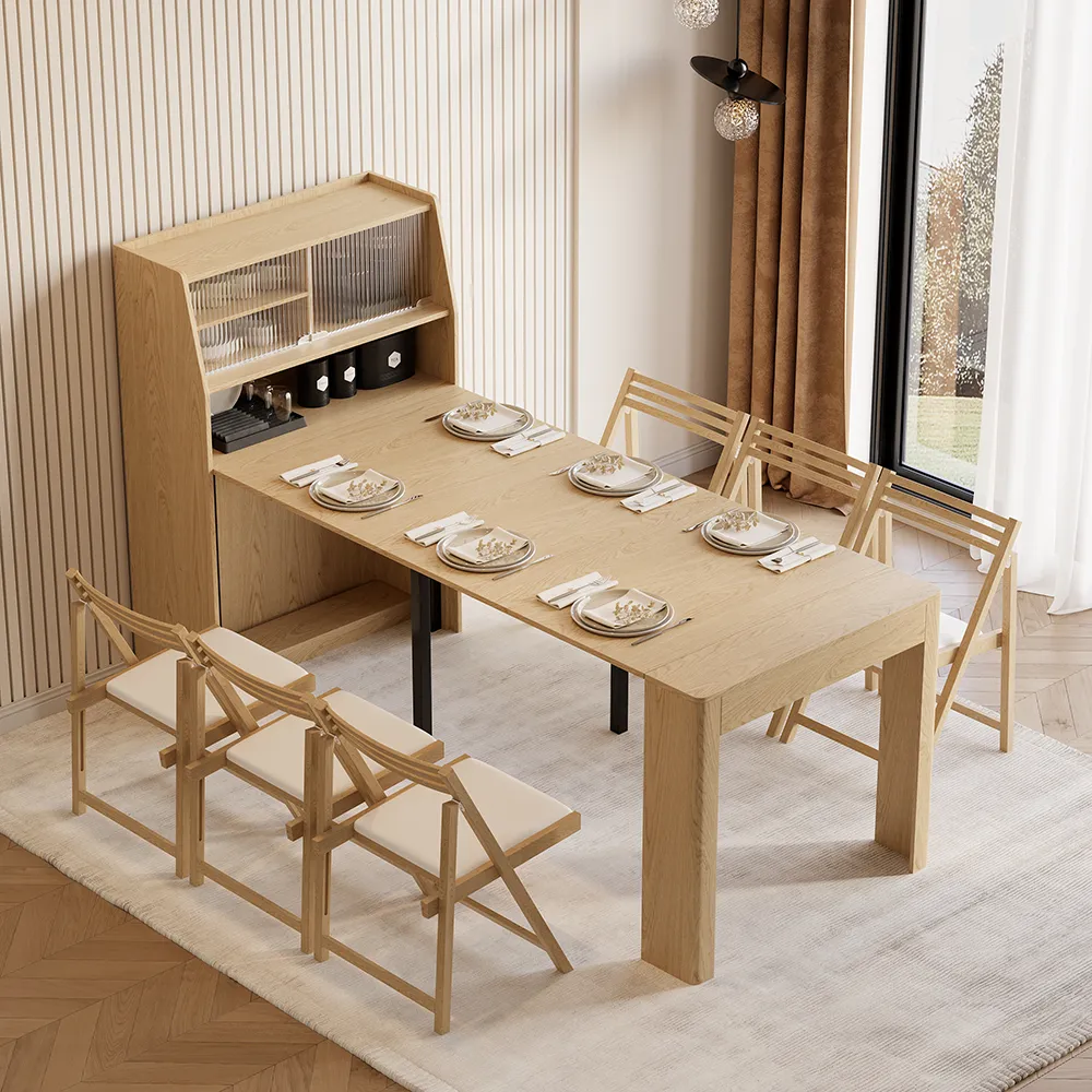 Modern Extendable Dining Table with Storage Rectangle Sideboard Glass Door Natural&Grey