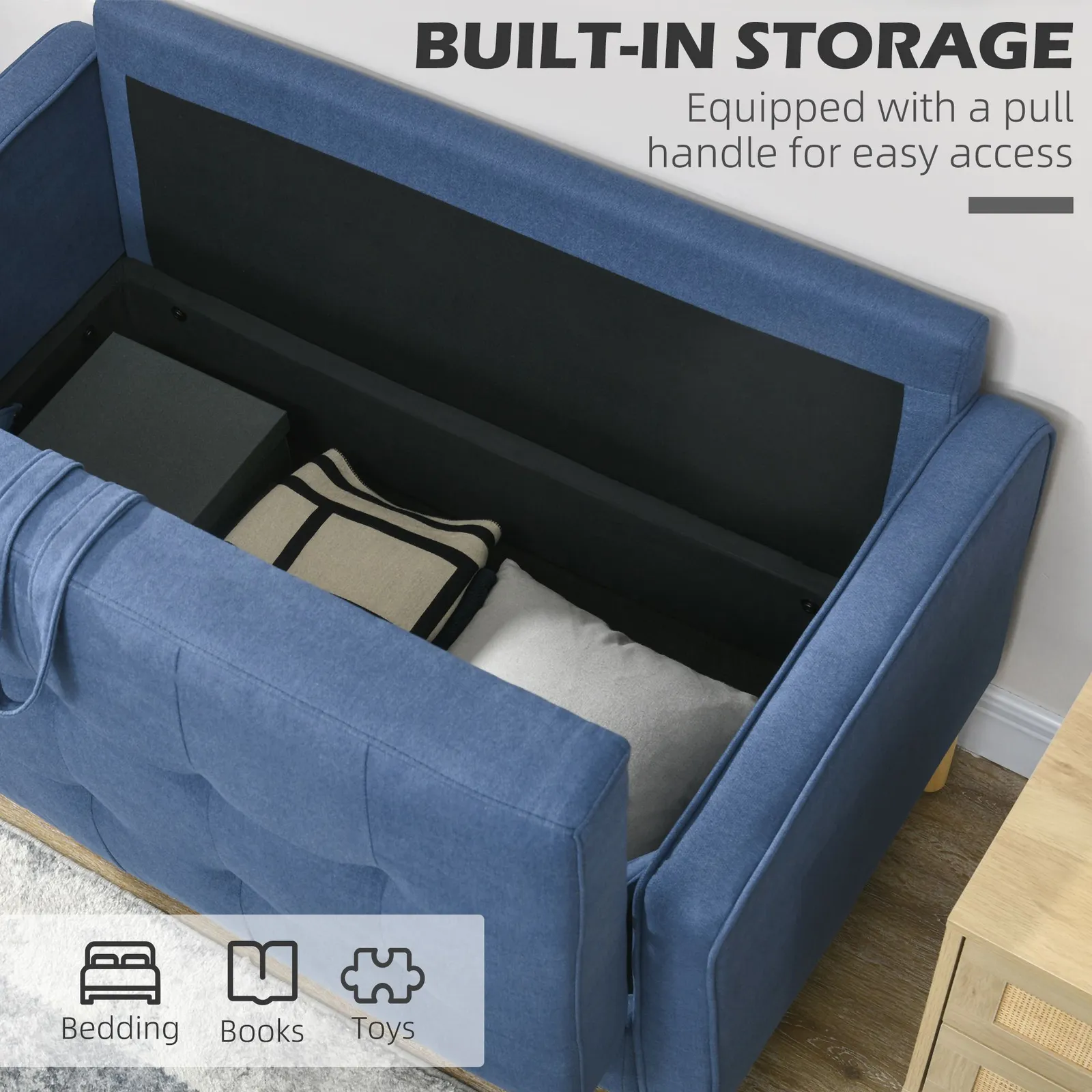 HOMCOM Compact Loveseat Sofa 2 Seater Sofa with Storage & Wood Legs in Blue 4