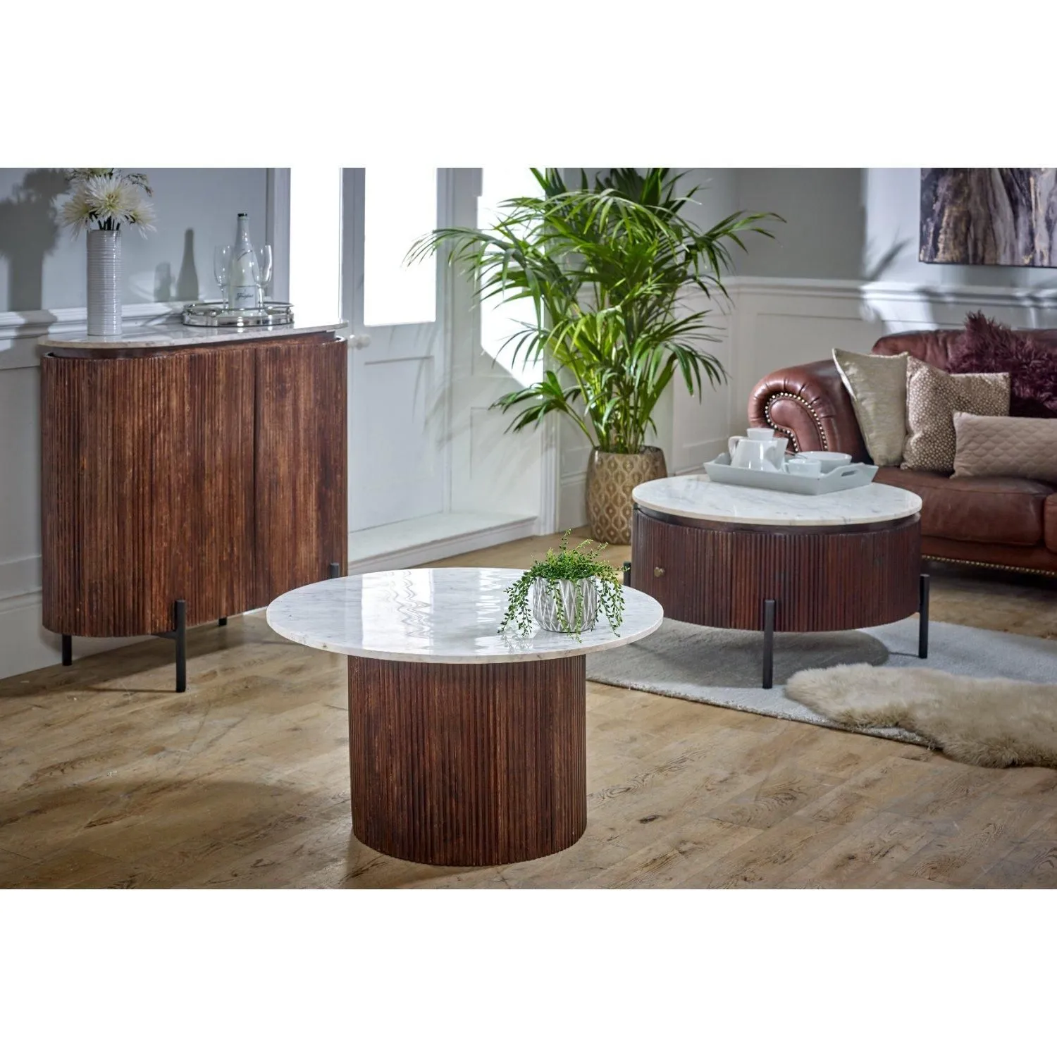 IH Design Tilden Mango Wood Coffee Table With Marble Top in White 3