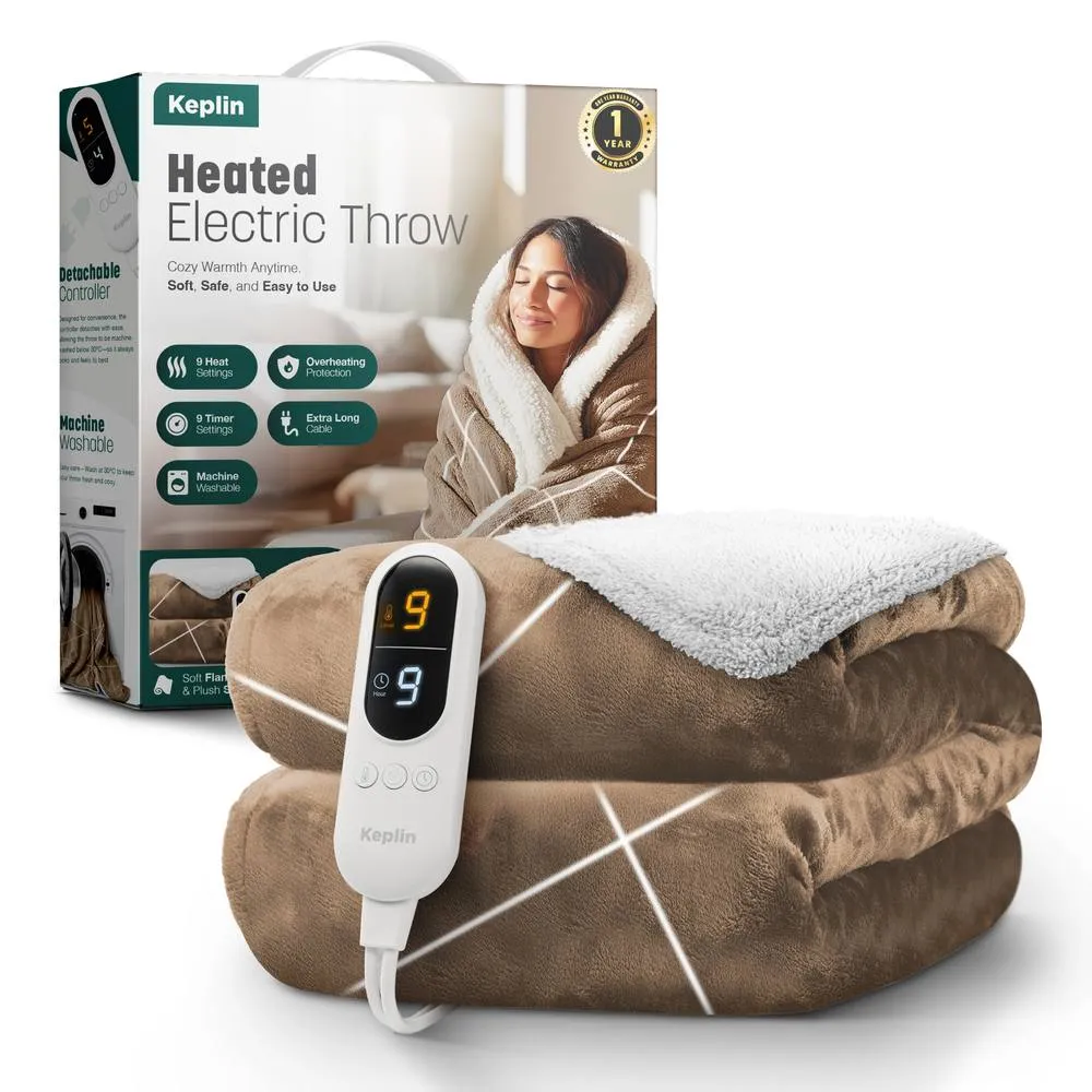 Keplin Large Electric Heated Throw Blanket, Fleece Wool Duvet, 9 Heat Setting in Brown