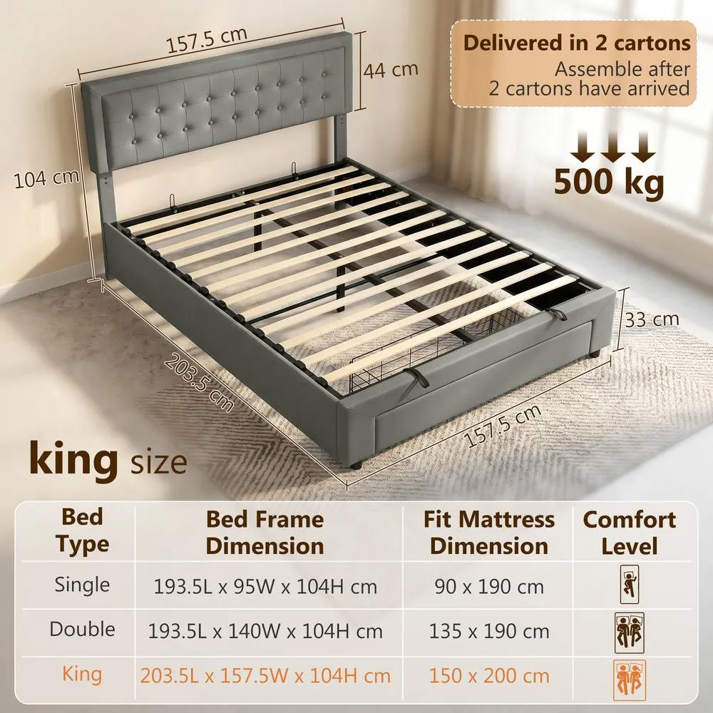HOMCOM PU Leather King Bed Frame with Storage & Adjustable Headboard, Grey 3
