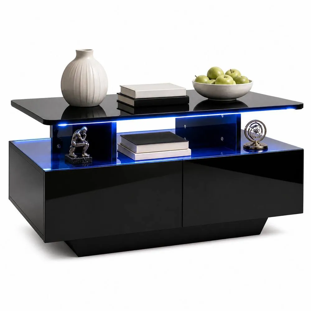 Costway Coffee Table 20-Colour Lighted High Glossy Center Table With 2 Drawers in Black