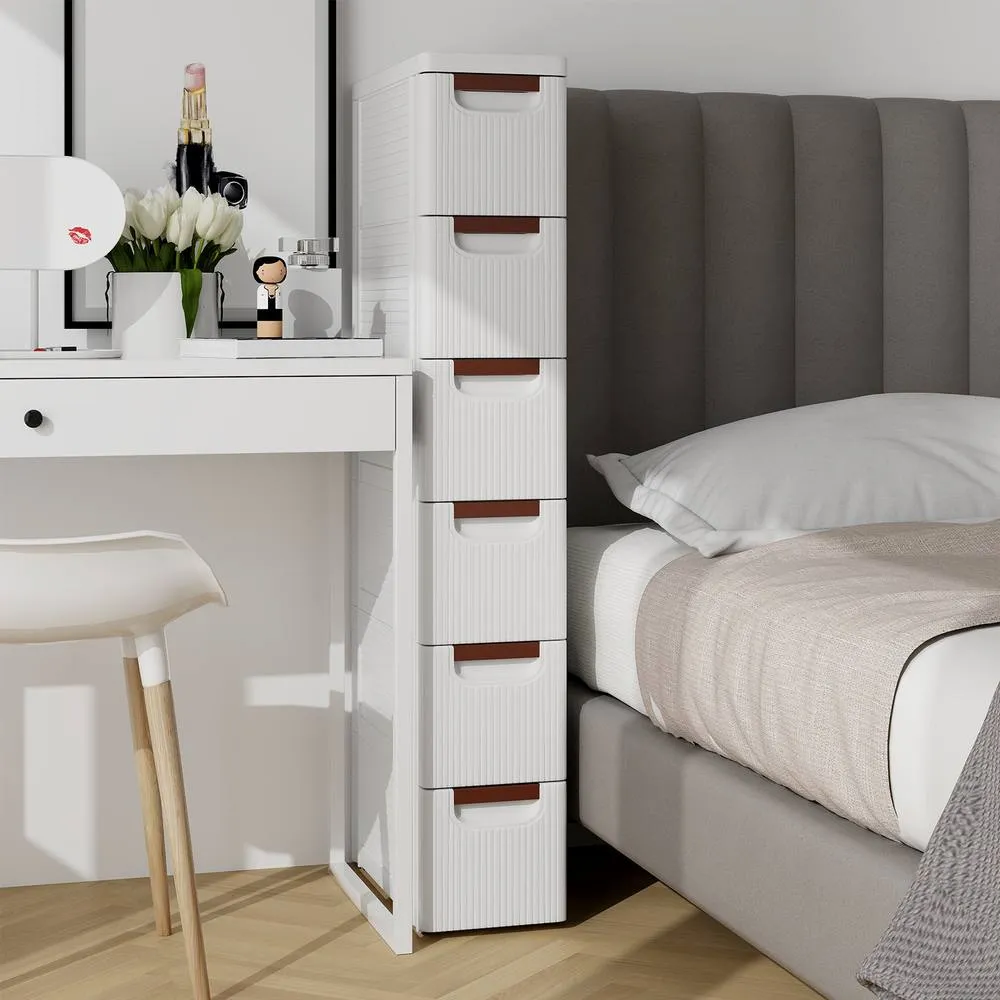 Costway 6 Drawer Tall Storage Cabinet w/4 Wheels Narrow Floor Cabinet Cupboard in White 5