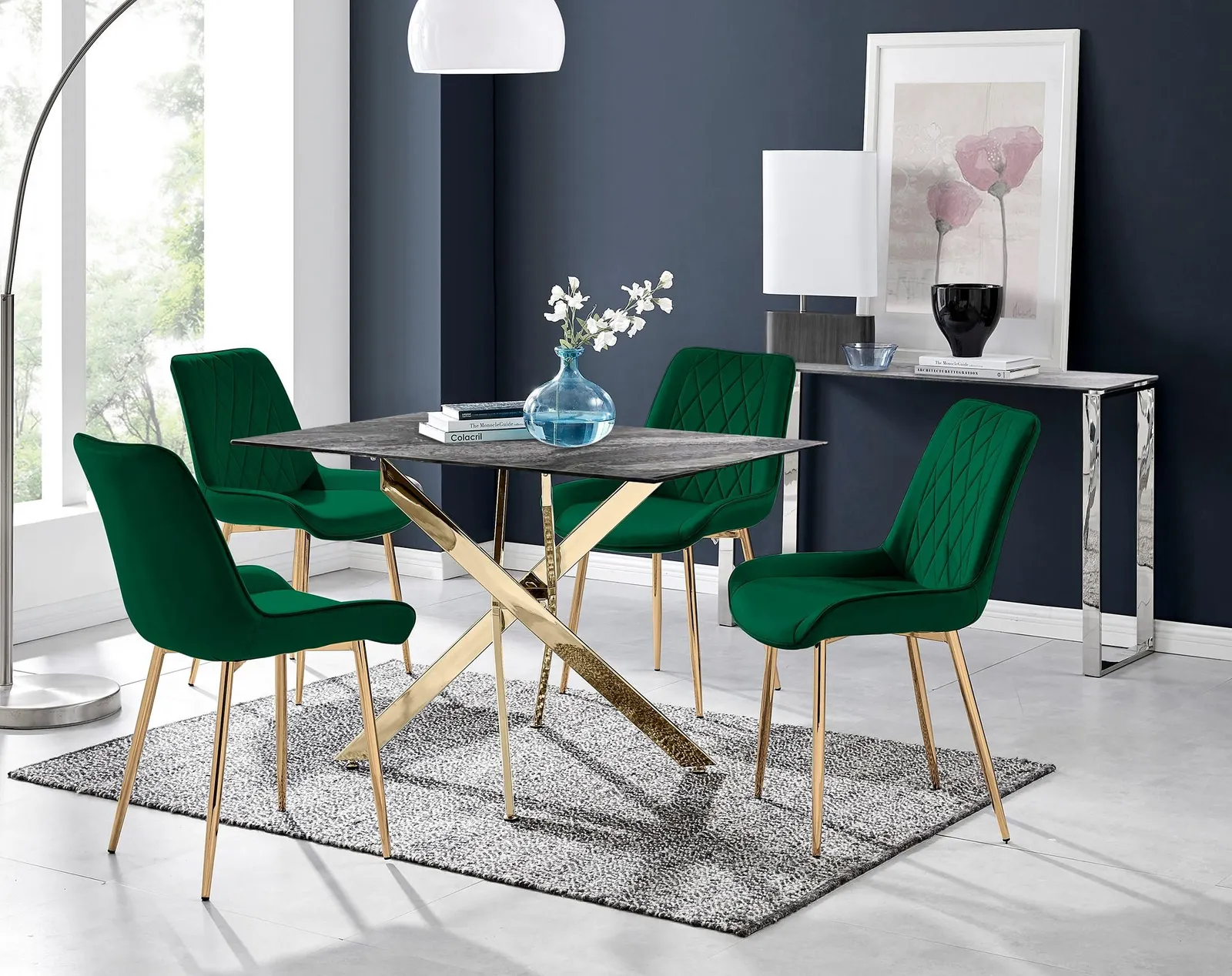 FurnitureboxUK Leonardo Grey Glass Marble Effect Gold Leg Table & 4 Pesaro Gold Leg Chairs in Green