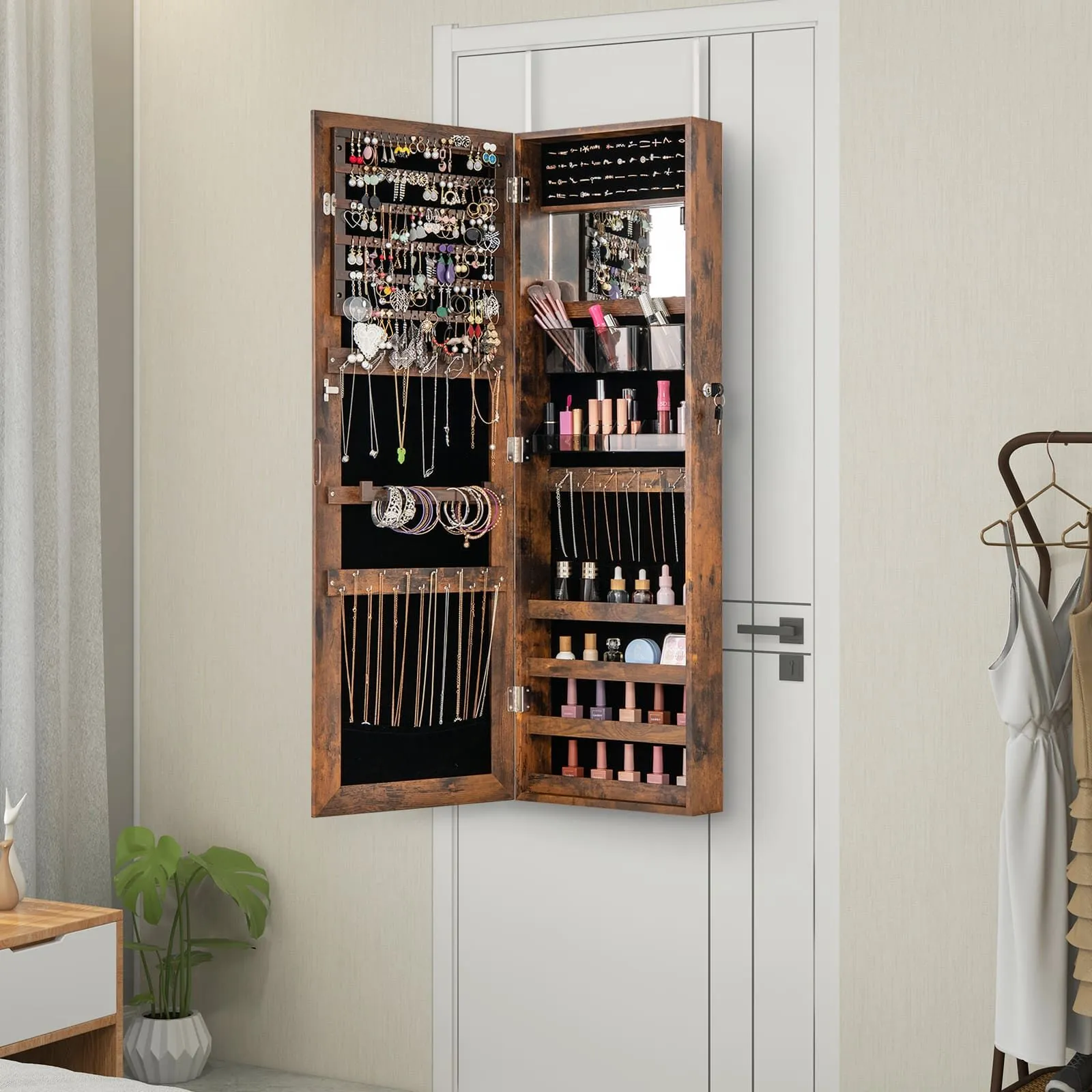 Costway Wall Mounted Jewellery Cabinet Door Hanging Jewelry Armoire w/ Full Length Mirror Lockable Cosmetics Jewellery Organiser Unit in Brown 3