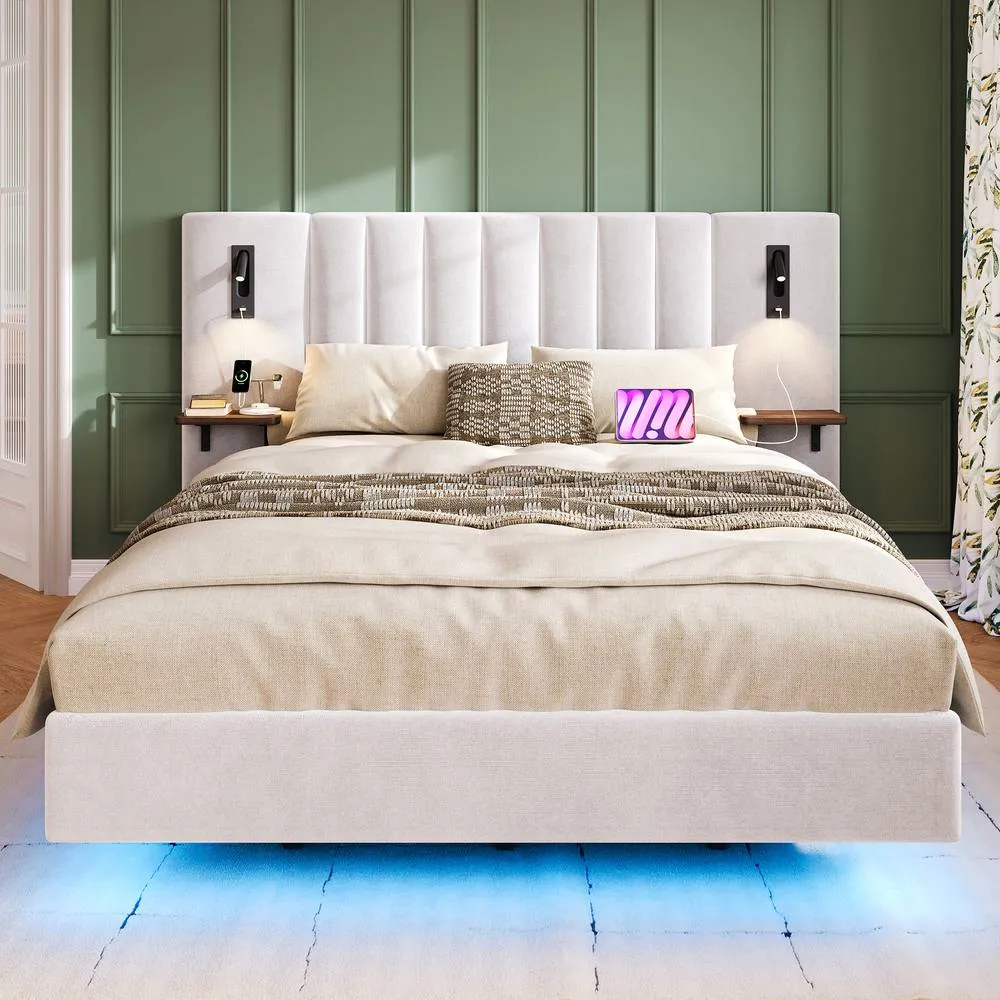 Matteo Upholstered Bed, Adults Teenagers 4ft6 Double Bed, 2 Bedside Lamps in White